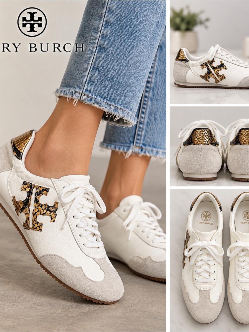 Tory Burch White Suede Leather Snakeskin Double T Sneakers Women’s 6M